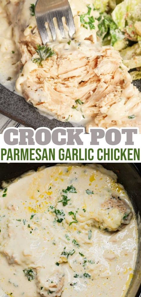 Creamy Garlic Chicken Crockpot Recipes, Moist Crockpot Chicken, Crockpot Creamy Garlic Parmesan Chicken, Crockpot Chicken Recipes Heavy Cream, Crock Pot Creamy Chicken Recipes, Crock Pot Low Carb Chicken Recipes, Crock Pot Creamy Garlic Chicken, Chicken Parmesean Crockpot Recipe, Boneless Chicken Crockpot Recipes Easy