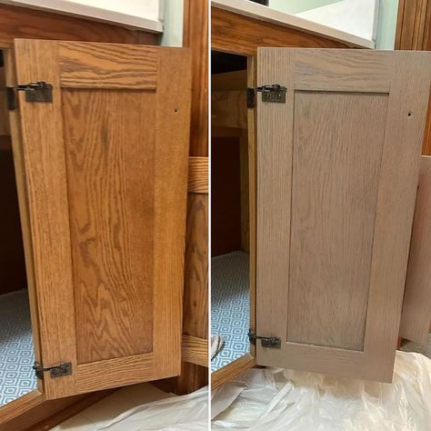 ALL-IN-ONE Paint by Heirloom Traditions | Toasted Oak #allinonestain strikes again Denna Hanson Rentz started her #bathroomvanity makeover by staining the back one door. This is 1… | Instagram How To Refinish Honey Oak Cabinets, Kitchen Cabinet Stain Before And After, Limewax Kitchen Cabinets, Gel Stain Over Painted Cabinets, Sand And Stain Kitchen Cabinets, Kitchen Cabinets Makeover Stain, Sanded Oak Kitchen Cabinets, Oak Cabinet Stain Ideas, Restain Wood Cabinets