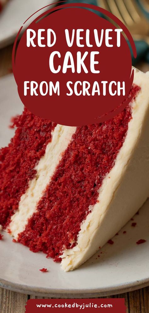 Make this red velvet cake from scratch for a classic Southern recipe that's moist, delicious, and rich. The homemade cream cheese frosting and double layers make this cake recipe a delicious dessert for any occasion. Plus tips and tricks for keeping this dessert recipe fluffy and moist. Click through for all the details! Red Velvet Cake From Scratch, Red Velvet Cake Recipe Easy, Southern Red Velvet Cake, Homemade Red Velvet Cake, Velvet Desserts, Homemade Cream Cheese Frosting, Best Red Velvet Cake, Velvet Cakes, Bolo Red Velvet