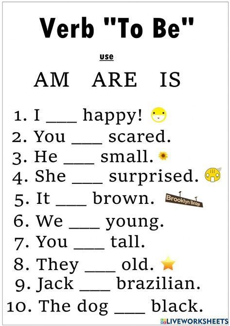 Is am are interactive worksheet for G5. You can do the exercises online or download the worksheet as pdf. Verb Be Worksheets For Kids, Verbs Activities For Kids, Verb To Be Worksheets For Kids, To Be Worksheet For Kids, Verb To Be For Kids, Ukg Worksheets English, To Be Verbs, Verb To Be Worksheets, Be Verbs