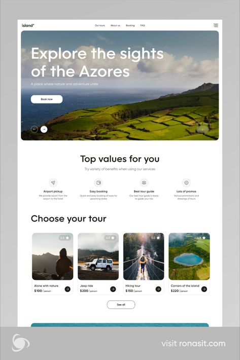 Hi everyone! We are thrilled to present the design of our new landing page for an app that allows users to book tours to the Azores Islands. 

The landing page for this travel app consists of several sections: the main block describing the service, a section highlighting the advantages, a tour selection block, a travel blog, and a section for purchasing tours. Simple Webpage Design, Website For Projects, Blog Ux Design, Simple Web Design Inspiration, Travel Web Site Design, Tour Guide Website Design, News Landing Page, Our Services Section Web Design, Travel Web Design Inspiration