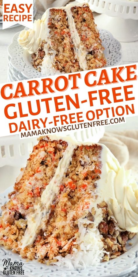 An easy recipe for gluten-free carrot cake with cream cheese frosting. This gluten-free cake recipe also has a dairy-free option. Gluten Free Dairy Free Cake, Gluten Free Carrot Cake Recipe, Lactose Free Desserts, Dairy Free Carrot Cake, Gluten Free Dairy Free Dessert, Dairy Free Frosting, Gluten Free Cake Recipe, Gluten Free Carrot Cake, Easy Gluten Free Desserts