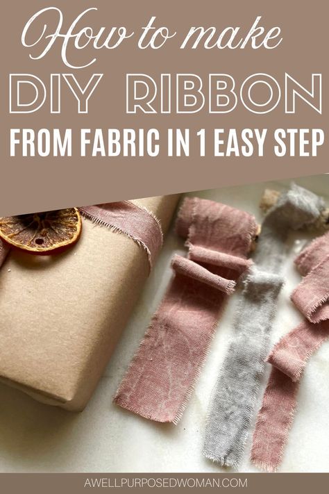 Learn how to make your own ribbon from fabric in just one step. Did you know you can make beautiful ribbon from fabric you may already have on hand? Making beautiful ribbon for gifts and decorations is actually very simple. This one step tutorial will sho you exactly how you can make your own ribbon for Christmas this year! #ribbon #diyribbon Diy Ribbon From Fabric, Diy Silk Ribbon, Diy Frayed Ribbon, How To Make Ribbon From Fabric, Make Ribbon From Fabric, Fabric Ribbon Bow, Diy Chiffon Ribbon, Chiffon Ribbon Crafts, Fabric Ribbon Diy