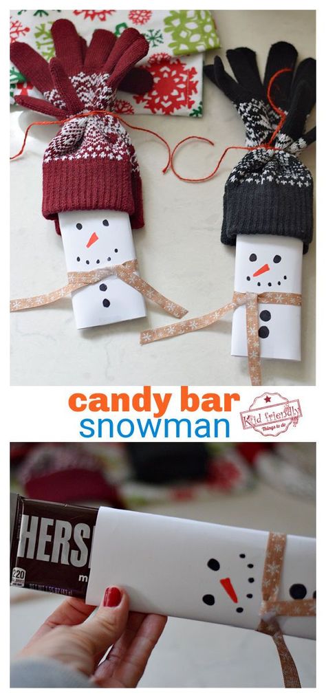 Snowman Candy Bars With Gloves, Chocolate Bar Snowman Socks, Snowman Wrapped Candy Bars, Winter Gloves Party Favor, Glove Snowman Gift, Glove Gift Ideas For Kids, Candy Snowman Craft, Snowman Hershey Bar Wrapper Printable, Glove Snowman Craft