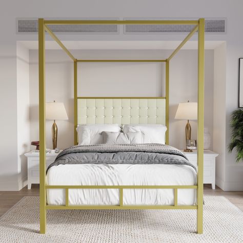 Low Profile Canopy Bed, Black Home Design, Modern Style Bed, Queen Canopy Bed, Metal Canopy Bed, Canopy Bed Frame, Yellow Bedding, Bed Black, Style Bed