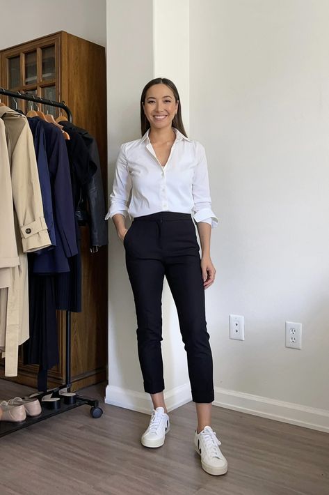 5 Workwear Outfits with Veja Sneakers [VIDEO] - LIFE WITH JAZZ Sneakers And Skirt Outfit, Sneakers And Skirt, Veja Sneakers Outfit, Outfit With Skirt, Life With Jazz, Summer Work Outfits Office, Sneakers Outfit Work, Casual White Sneakers, Workwear Outfits