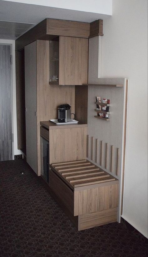 Mini Hotel Design, Hotel Interior Bedroom, Hotel Cabinet, Hotel Minibar, Hotel Room Design Plan, Small Hotel Room, Almirah Design, Hotel Bedroom Design, Modern Hotel Room