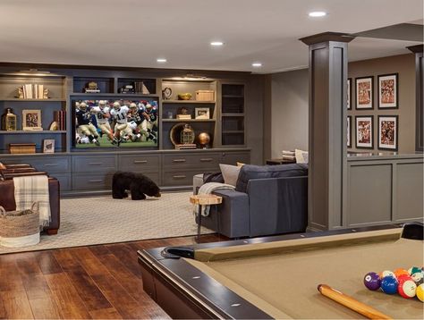 Pony walls – how to use half walls to define individual spaces Basement Tv Rooms, Transitional Basement, Gray Basement, Transitional Family Room, Basement Decoration, Dream Basement, Basement Finishing, Basement Inspiration, Half Walls