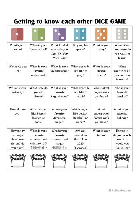 Getting to know each other dice game - English ESL Worksheets for distance learning and physical classrooms Virtual Therapy Games, Sport Team Building Activities, Get To Know You Games, Icebreaker Worksheets, Dice Activities, Work Team Building Activities, Uppfostra Barn, Work Team Building, Virtual Team Building