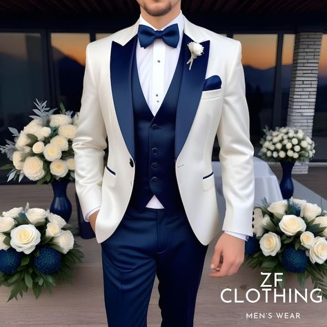 Blue And Gold Tuxedo Wedding, White And Blue Groom Suit, White And Blue Tuxedo Wedding, Formal Suits For Men Wedding, Tuxedo Colors For Wedding, White And Blue Suit Men, Men's Suits Wedding, Engagement Look For Groom, Mens Blue Wedding Suits