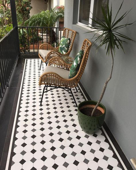 Renditions Tiles on Instagram: “Tessellated Verandah & Pathway  Floor Scheme.  Super white Oxley Pattern with alternating 50mm dots + Double strip border 48mm + infill…” Tiled Balcony Floor, Black And White Balcony Tiles, Balcony Floor Tiles Design, Terrace Design Floor, Small Balcony Tiles Floors, Tiled Porch Floor Entrance, Balcony Tiles Floors, Tiled Balcony, Verandah Designs