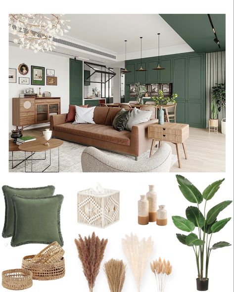 Green Gold Tan Living Room, Green Contrast Wall Living Room, Sage Green Industrial Living Room, Living Room Designs With Green Walls, Green Neutral Living Room Ideas, Neutral And Emerald Living Room, Sage And Forest Green Living Room, Green Accent Wall Aesthetic, Olive Green Boho Living Room