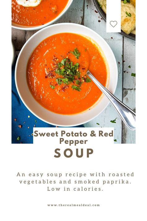 Roasted Sweet Potato with red pepper soup requires minimal preparation time and is a hearty, sweet tasting soup, flavoured with smoked paprika Roasted Red Pepper Sweet Potato Soup, Sweet Potato Sheet Pan, Potato Sheet Pan, Gluten Free Dinner Easy, Red Pepper Soup, Roasted Sweet Potato, Pepper Soup, Gluten Free Recipes For Dinner, Sweet Potato Soup