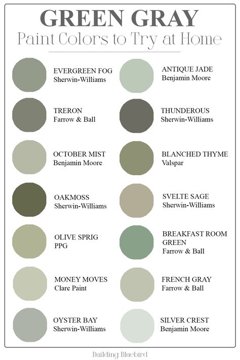 Perfect Green Grey Paint, Green Gray Laundry Room, It’s About Thyme Paint Color, Grey With A Hint Of Green Paint, Greenish Grey Cabinets Kitchen, Paint Colors Green Colour Palettes, Green Paint Color Pallets, Green And Gray Paint Scheme, Green Paint That Goes With Gray