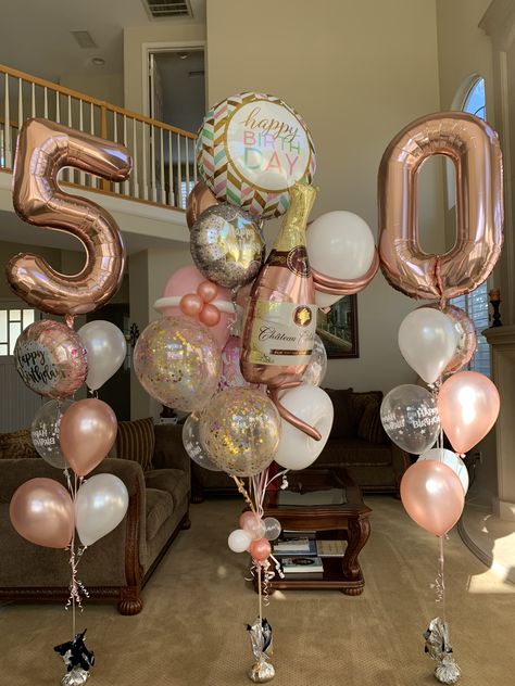 Rose Gold And Pink 50th Birthday Party, 60th Birthday Ideas For Mom Rose Gold, Rose Gold 90th Birthday, Party Ideas For Moms Birthday, 50th Birthday Ideas For Women Balloons, 50 Birthday Balloon Bouquet, 50th Birthday Ballons Decoration, 50th Bday Party Decor Ideas For Women, Ideas 50th Birthday For Women