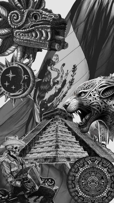 #aztec #mayan #art #chicanoart #pyramid #Quetzalcoatl#mexico #blackandwhite #sunandmoom #jaguar #serpent Aztec Quetzalcoatl Art, Quetzalcoatl Art, Quetzalcoatl Tattoo, Aztec Warrior Tattoo, Aztec Tattoos Sleeve, Aztec Pyramids, Mexico Wallpaper, Aztec Artwork, Aztec Wallpaper