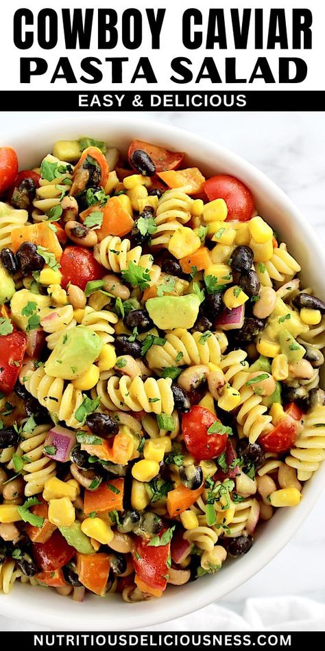 Cowboy Caviar Pasta Salad is loaded with tender pasta and a colorful mix of veggies that's tossed in a flavorful lime vinaigrette. It's a quick and easy salad, perfect for parties or potlucks. Southwest Tortellini Pasta Salad, Football Pasta Salad, Cowboy Pasta Salad Recipe, Cowboy Caviar Pasta Salad, Cavatappi Pasta Salad, Pasta Salads Cold, Cowboy Caviar Pasta, Cold Pastas, Pasta Salad Recipes Cold