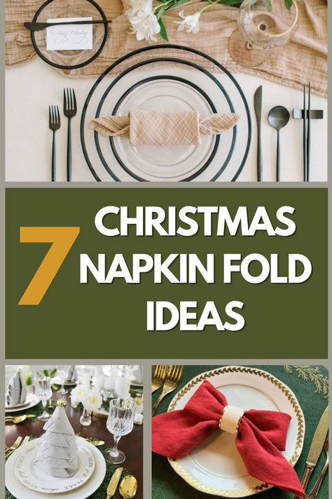 christmas napkin fold ideas Folding Dinner Napkins Christmas, Serviette Folding Ideas Christmas, Tree Folded Napkin, Cool Napkin Folding Ideas, Christmas Tree Napkins Fold, Setting The Table For Christmas, Table Cloth Folding, Folded Napkins For Christmas, How To Fold A Christmas Napkin