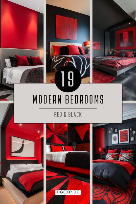 Explore a stunning collection of red and black modern bedroom ideas featuring bold patterns, sleek furniture, ambient LED lighting, and striking decor elements. Perfect for those seeking inspiration for contemporary bedroom designs, modern bedroom decor, stylish interior design, and unique bedroom aesthetics. Discover chic red and black bedroom ideas to transform your space into a stylish and trendy retreat. Ideal for modern bedroom furniture, decor, and lighting enthusiasts. Black Red Gray Bedroom Room Ideas, Black White And Red Bedroom Ideas, Boys Red Bedroom Ideas, Red And Black Bedroom Ideas For Women, Black And Red Boys Bedroom, Red Accent Wall Bedroom Boys, Red Comforter Bedroom Ideas, Black And Grey Bedroom Ideas Men, Red Bedroom Ideas For Boys