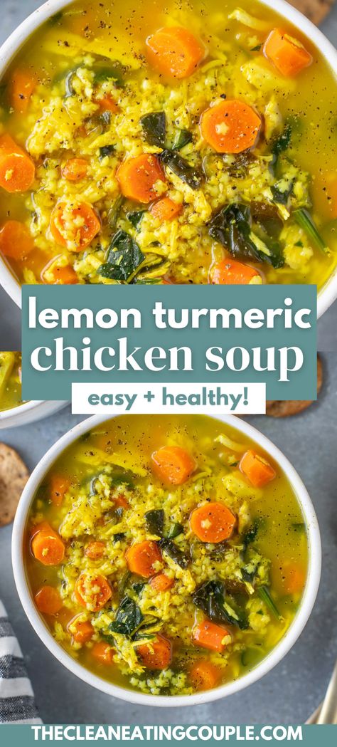 Lemon Turmeric Chicken Soup (Easy + Healthy!) is the ultimate comfort food. Loaded with anti-inflammatory turmeric and tons of veggies! Easy to make and delicious. Chicken Pastina Soup, Chicken Soup Easy, Chicken Pastina, Soup Easy Healthy, Turmeric Chicken Soup, Pastina Soup, Turmeric Soup, Turmeric Chicken, Lemon Chicken Soup