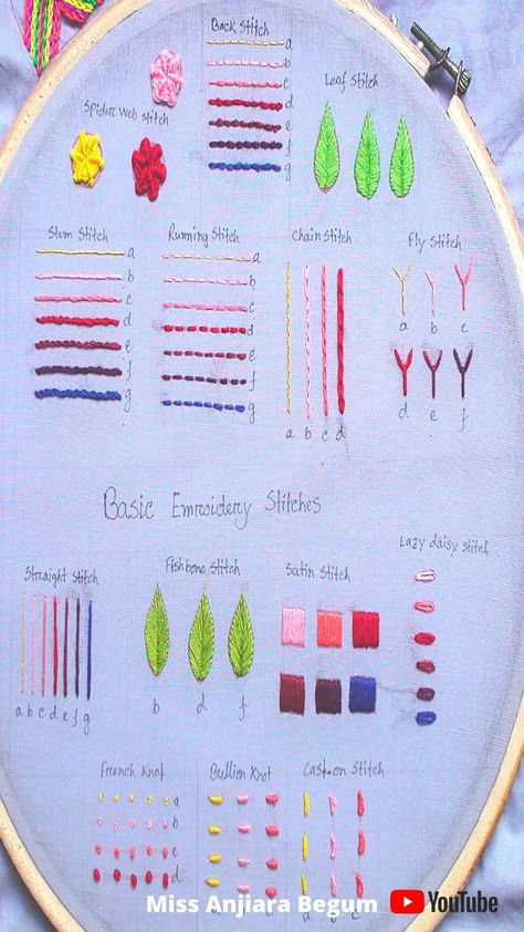 There are easily more than 300 hand embroidery stitches with all the variants. But some of them are mostly used in our embroidery projects. So I have selected some of them in my today's tutorial. And named the title "Embroidery stitches for beginners, Basic embroidery stitches, Begining embroidery kit, मूल सिलाई" I believe, if you practice those embroidery at home, you can easily complete most of the project. I hope these basic hand embroidery stitches will be helpful for beginners. How To Learn Stitching At Home, Beginning Embroidery Tutorials, Name Stitching Hand Embroidery, Basic Embroidery Designs For Beginners, Beginning Embroidery Stitches, Hand Embroidery Kits For Beginners, Types Of Embroidery Stitches With Names, Embroidery Stitches Names, Types Of Stitches Embroidery