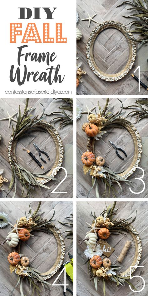 Fall Crafts Wall Decor, Fall Harvest Wreath Diy, Front Door Fall Wreaths Diy, Fall Decor Ideas For The Home Simple, Artsy Front Doors, Diy Fall House Decor, Spooky Indoor Decor, Diy Fall Floral Decor, Frame Wreaths For Front Door