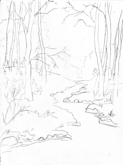 Winter Forest Drawing, Magical Forest Sketch, Forest Drawing Sketch, Forest Trees Drawing, Simple Forest Drawing, Forest Scenery Drawing, Forest Drawings, Draw Forest, Background Perspective