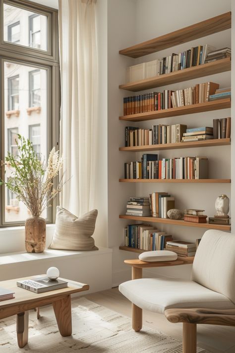 Transform Your Walls: Shelving Unit Ideas for Efficient Home Libraries - Quiet Minimal Scandi Shelves, Bedroom Bookshelves Ideas, Book Shelves In Living Room, Interior Design Office Studio, Shelving Corner, Studio Library, Books Shelf, Japandi Living Room, Japandi Living