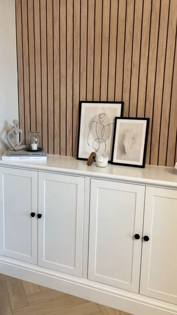 Entrance Alcove Ideas, Slat Wall Cabinets, Built In Storage Wall Storage Cabinets, Ikea Built In Sideboard Hack, Alcove Ikea Hack, Ikea Alcove Storage Hack, Panelled Alcoves Living Room, Alcove Panelling Ideas, Ideas For Alcoves In Living Room