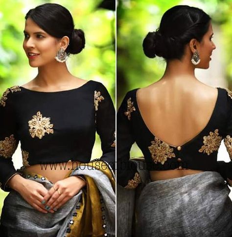 11 Trending Blouse Designs In 2019 That Will Impress You Plain Black Blouse Designs, Silk Saree Blouse Sleeves Design, Plain Silk Blouse Designs, Front Neck Blouse Designs, Saree Jacket Designs, India Saree, Indian Blouse Designs, Boat Neck Blouse Design, Boat Neck Blouse