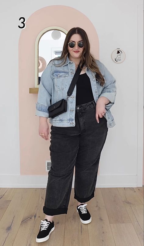 diana dares fall outfit inspo denim jacket black jeans Plus Size Jeans Jacket Outfit, Black Mom Jeans Outfit Plus Size, Black Jeans Plus Size Outfits, Oversized Denim Jacket Outfit Plus Size, Plus Size Outfits Sneakers, Plus Size Shirt Tuck, Jean Jacket Outfit Plus Size, Denim Jacket Plus Size Outfits, Winter Plus Size Outfits Casual