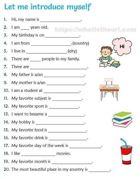 Introduction worksheet | Learn english, English lessons for kids, Learn english vocabulary Myself Worksheets For Grade 1, About Myself Worksheet For Kids, Introduction Of Myself For School, Introduce Yourself Ideas School, Introduce Myself Ideas, English Writing Skills Worksheets, Introduce Yourself Ideas, Introducing Myself Ideas, Writing Skills Worksheets