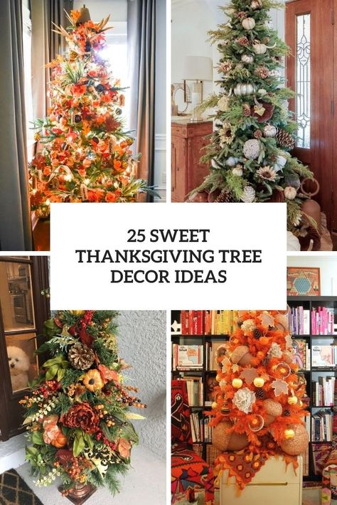 sweet thanksgiving tree decor ideas cover Thanksgiving Tree Decorations, Fall Tree Ideas, Thanksgiving Tree Ideas, Thanksgiving Trees, Thanksgiving Christmas Tree, Fall Tree Decorations, Chalkboard Ornament, Yellow Ornaments, Tree Decor Ideas