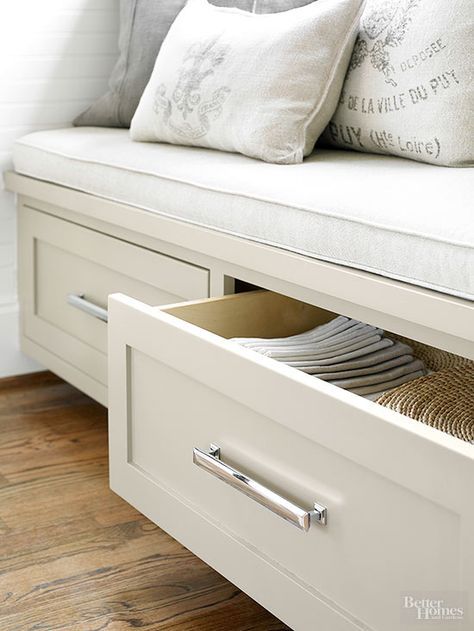 You don't have to sacrifice design in a tight space. This cozy banquette offers integrated storage for table linens in its two full-depth drawers. Banquette Seating With Storage, Seating In Kitchen, Banquette Ideas, Kitchen Storage Bench, Corner Banquette, Banquette Seating In Kitchen, Banquette Bench, Banquet Seating, Built In Banquette