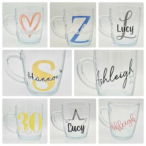 These cute glass mugs can be personalised with any name and colour scheme, with 8 designs to choose from! Clear Mugs With Vinyl, Craft Cart, Vinyl Creations, Personalised Mugs, Glass Mugs, Party Box, Personalised Gift Boxes, Christmas Crafts For Gifts, Name Wallpaper