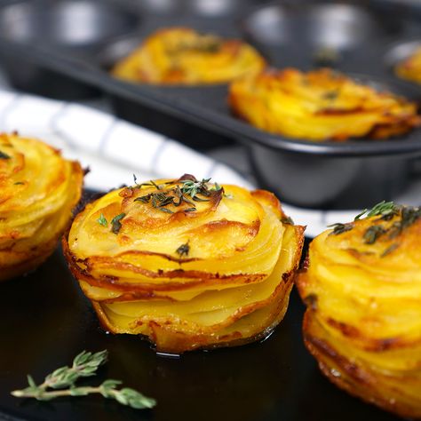 Potato Stacks With Garlic And Thyme Garlic Potato Stacks Plant You, Potato Stacks With Garlic Herb Butter, Garlic Potato Stacks, Parmesan Potato Stacks Recipe, Rosemary Garlic Potatoes, Parmesan Potato Stacks, Parmesan Potato, Potato Stacks, Parmesan Cheese Potatoes