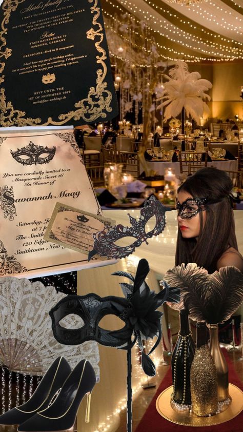 Mascara Ball Masquerade Theme, Mascarade Ball Sweet 16, Aesthetic Masquerade Ball, Mask Theme Party Decorations, Masquerade Nye Party, Masquerade Ball Mood Board, Masquerade Ball Themed Party, Mascarade Invitations Ideas, Masquerade Ball Homecoming