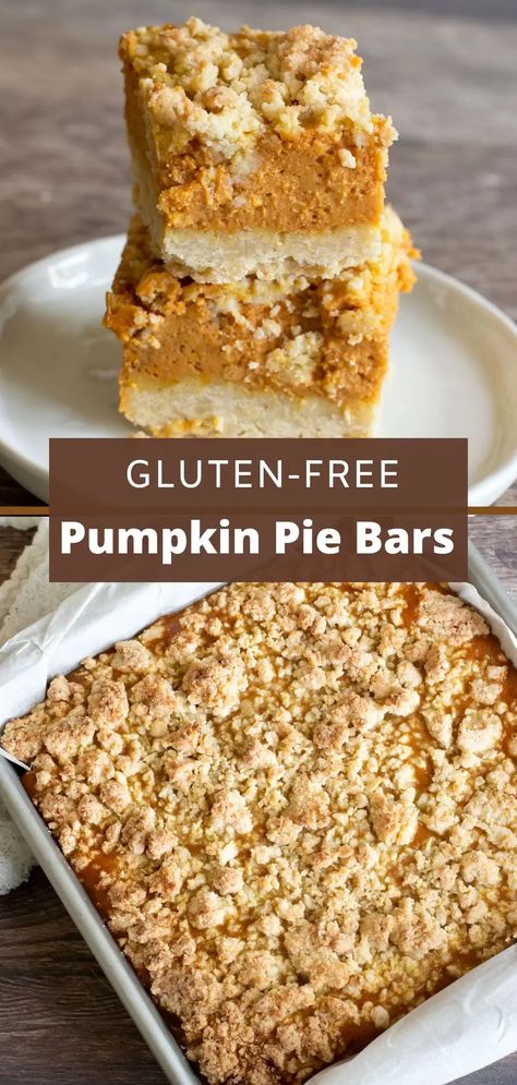 You will be hooked with one bite of these gluten-free pumpkin pie bars. These scrumptious bars have a shortbread crust filled with sweet pumpkin pie. They are then topped with a sweet crumble topping! Make them in about 35 minutes! Gluten Free Pumpkin Pie Bars, Gluten Free Pumpkin Bars, Desserts Pumpkin, Pumpkin Pie Bars Recipe, Pie Bars Recipe, Treat Making, Cookies Sans Gluten, Gluten Free Pumpkin Recipes, Gluten Free Pumpkin Pie