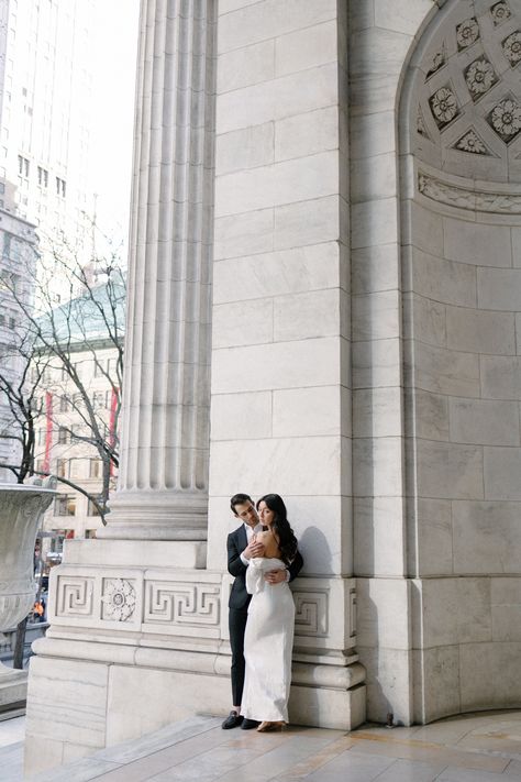 NYC engagement session New york public library, modern bride, editorial photography Library Photoshoot, Library Modern, Nyc Library, Bride Editorial, Nyc Public Library, Engagement Photos Nyc, Engagement Story, Wedding Announcements Photos, New York City Hall