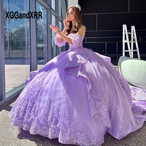 Purple Mexican Vestidos De 15 Quinceañera 3D Flower Sweetheart Layers Applique Ball Gown Sweet 15 16 Lavender Quinceanera Dresses, Tulle Applique, Purple Quinceanera Dresses, Pretty Quinceanera Dresses, Quince Dress, Wedding Dresses With Flowers, Dress Comfortable, Wedding Flower Girl Dresses, Quinceanera Dress