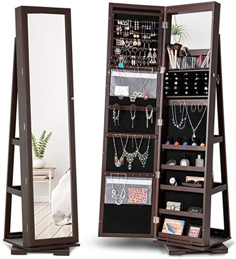 Mirror Jewelry Cabinet, Pvc Storage, Long Mirror, Mirror Jewelry, Standing Jewelry Armoire, Mirror Jewellery Cabinet, Brown Jewelry, Jewelry Mirror, Jewelry Cabinet