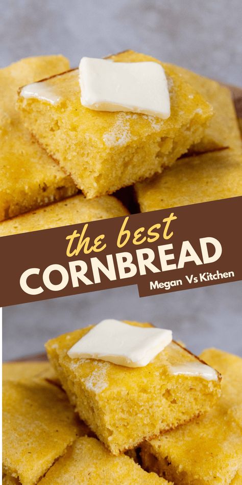 This is the BEST Cornbread. It’s fluffy, moist, and slightly sweet. It’s easy to make and is made without buttermilk. This is the perfect side to any southern dish. Cornbread Recipe No Buttermilk, Cornbread No Buttermilk, Cornbread Without Buttermilk, The Best Cornbread, Easy Homemade Cornbread, Fluffy Cornbread, Best Cornbread, Easy Winter Recipes, How To Make Cornbread