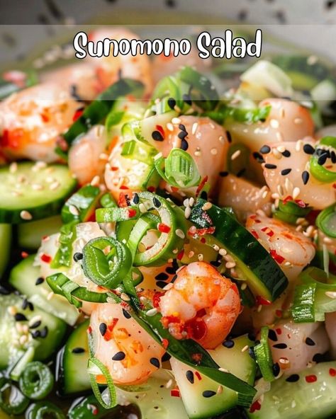 2 large cucumbers\n1 tsp salt\n1/4 cup rice vinegar\n2 tbsp sugar\n1 tbsp soy sauce\n1 tsp sesame seeds\n1 tbsp chopped fresh dill optional\nPrepare cucumbers, wash and slice.\nSprinkle with salt, let sit 10 minutes.\nMake dressing, whisk vinegar, sugar, and soy sauce.\nCombine cucumber and dressing, toss to coat.\nRefrigerate for 15 minutes.\nServe with sesame seeds and dill if desired.\n#JapaneseSalad #CucumberSalad #RefreshingRecipe #VeganOption\n Sunomono Salad, Japanese Cucumber Salad, Japanese Salad, Japanese Cucumber, Perfect Dinner Party, Refreshing Snacks, Culinary Techniques, Refreshing Food, Quick Weeknight Meals