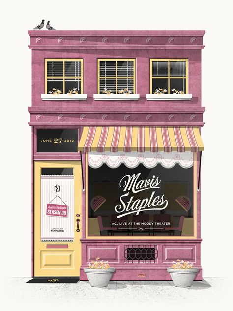 DKNG Studios - concert poster for Mavis Staples Dkng Studios, Mavis Staples, Austin City Limits, Building Illustration, Casas The Sims 4, Shop Illustration, Shop Fronts, House Illustration, Building Art