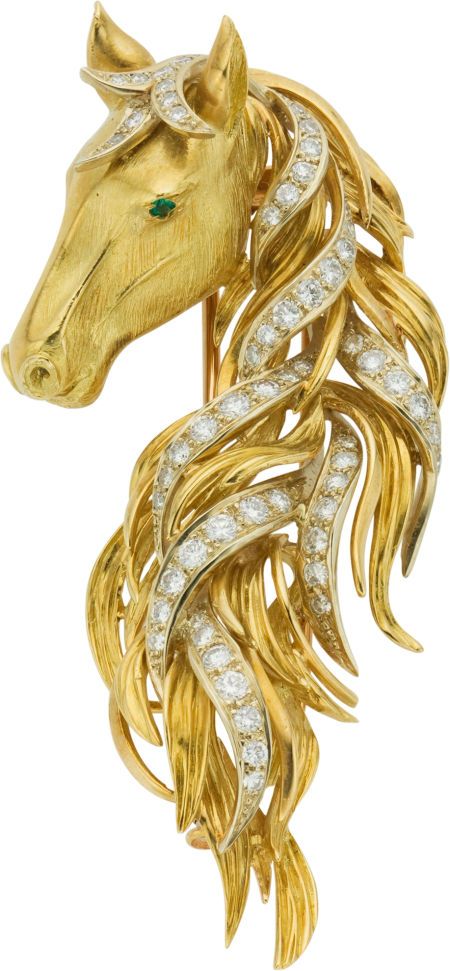 Diamond, Emerald, Gold Clip-Brooch, Neiman Marcus -  The brooch, designed as a horse head, features full and single-cut diamonds weighing a total of approximately 1.65 carats adorning the mane, enhanced by a round-cut emerald eye, set in 18k yellow gold, completed by a double pinstem and catch mechanism on the reverse. Photo Layer, Equestrian Jewelry, Horse Jewelry, Gold Clips, Signature Jewelry, Horse Head, Animal Jewelry, A Horse, Vintage Jewellery