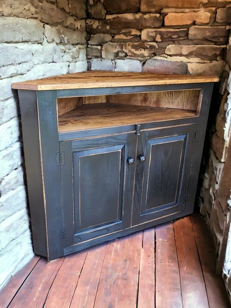 Corner TV Stand Cabinet, Rustic Entertainment Center, Farmhouse Style, Wood Media Storage by ChristianFredricks on Etsy Corner Tv Stand Repurposed, Repurposed Corner Tv Cabinet, Corner Tv Cabinet Ideas, Built In Corner Tv Cabinet, Corner Tv Ideas Mounted Tv, Old Entertainment Center Repurpose, Entertainment Center Farmhouse, Rustic Corner Cabinet, Corner Tv Ideas