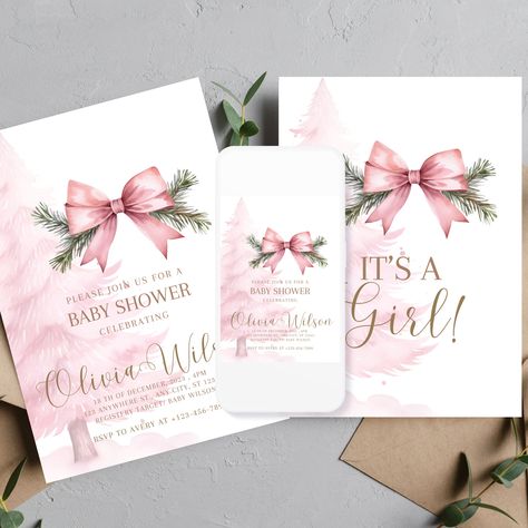 Pink Christmas Tree Baby shower Invitation, Winter Girl Baby Shower Invitations, Winter Pink Digital Baby Shower, Instant Download by Thecreativelotuslab on Etsy Palet Ideas, Rose Invitations, Girl Baby Shower Invitations, Winter Girl, Christmas Baby Shower, Shower Bebe, Baby Shower Winter, Pink Christmas Tree