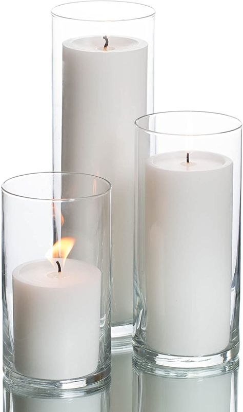 Amazon.com: Richland Set of 3 Glass Eastland Cylinder Vases and 3 White Pillar Candles 3": Home & Kitchen Interior Pillars, Pilar Candles, Gold Votive Candles, Tall Pillar Candles, Cylinder Candles, Best Smelling Candles, Candle Images, White Pillar Candles, Glass Cylinder Vases