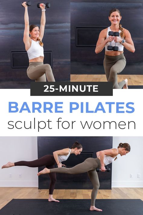 Sculpt and strengthen with this fun and effective full body pilates barre class at home. Pulse and pliè to stronger legs, arms and ab muscles! Build lean muscle and deep core strength with this engaging pilates barre class at home. We'll strengthen every muscle in the body, using just an optional set of light hand weights. Pilates barre blends the sculpting power of barre with the core-strengthening focus of pilates, creating a dynamic workout that will leave you feeling strong and energized. Strength And Pilates, Full Body Pilates Workout For Beginners, Barre Strength Workout, Hiit Pilates Workout, Beginner Pilates Workout At Home, Pilates Arms Workout, Strength Pilates Workout, At Home Barre Workout, Weighted Pilates Workout