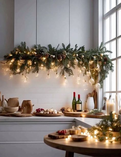 Christmas Decor Over Cabinets, Kitchen Light Christmas Decor, Christmas Garland In Kitchen, Christmas In The Kitchen Decor, Kitchen Decor Christmas Ideas, Christmas Decor Ideas For Bakery, Christmas Decor Modern House, Green Kitchen Christmas Decor, Diy Christmas Decorations Kitchen